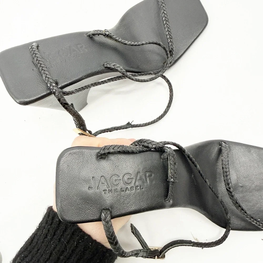 JAGGAR THE LABEL STRAPPY WOVEN LEATHER WEDGE BLACK Sandal size 35